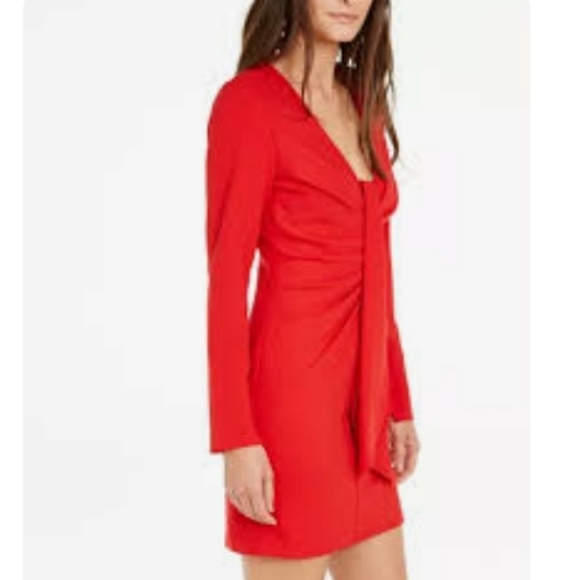 NEW INC. Womens Sheath Drape Tie Long Sleeve Dress Mini Holiday Red - Picture 2 of 9